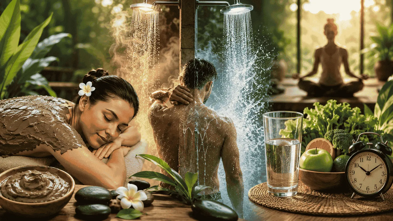 Photorealistic nature cure wellness scene featuring mud therapy, hot and cold hydrotherapy, and fasting-related natural wellness elements, surrounded by tropical greenery, fresh fruits, water, spa stones, and a peaceful meditation setting.